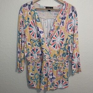 Harper 241 Womens Plus Size 2X Peplum Blouse 3/4 Sleeve Faux Wrap Floral Print